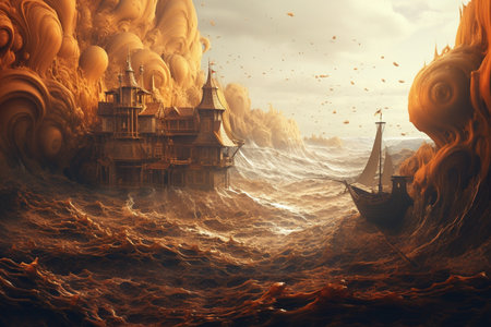 Generative ai. Surreal seascape with ship and sunset. High quality illustrationの素材