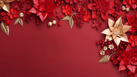 Christmas decorated frame of flowers poinsettia. Generative ai.の素材