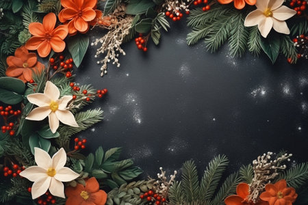 Christmas decorated frame of flowers top view flat lay. Generative aiの素材