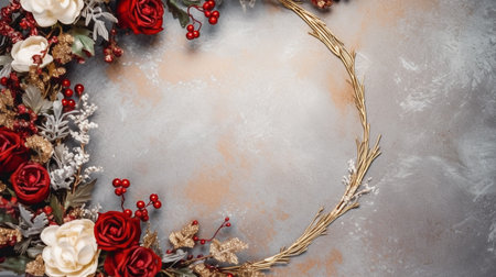 Christmas decorated frame of flowers top view flat lay. Generative aiの素材