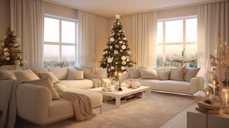Generative ai. Christmas interior design decoration, living room. High quality illustrationの素材
