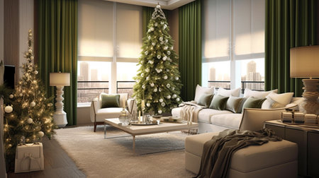 Generative ai. Christmas interior design decoration, living room. High quality illustrationの素材