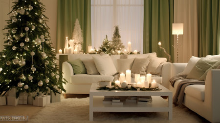 Generative ai. Christmas interior design decoration, living room. High quality illustrationの素材