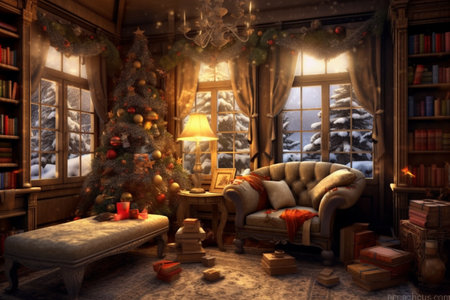 Generative ai. Christmas interior design decoration, living room. High quality illustrationの素材