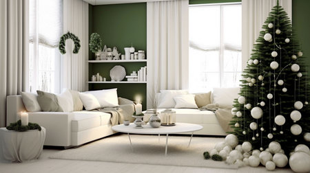 Generative ai. Christmas interior design decoration, living room. High quality illustrationの素材