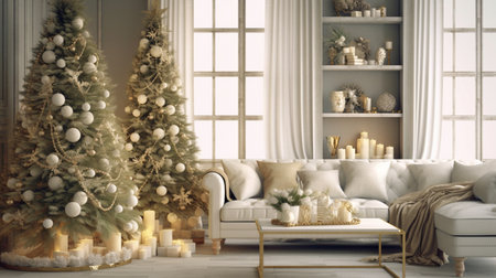 Generative ai. Christmas interior design decoration, living room. High quality illustrationの素材