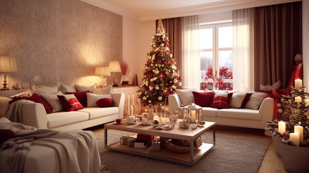 Generative ai. Christmas interior design decoration, living room. High quality illustrationの素材