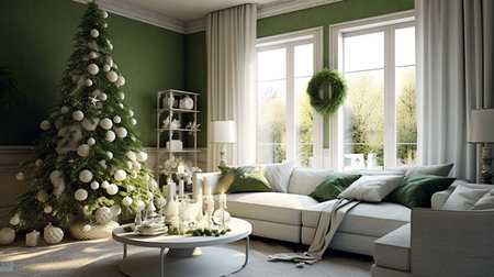 Generative ai. Christmas interior design decoration, living room. High quality illustrationの素材