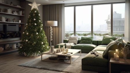 Generative ai. Christmas interior design decoration, living room. High quality illustrationの素材