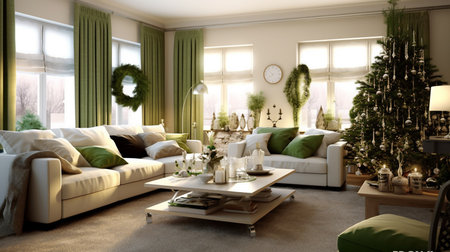 Generative ai. Christmas interior design decoration, living room. High quality illustrationの素材