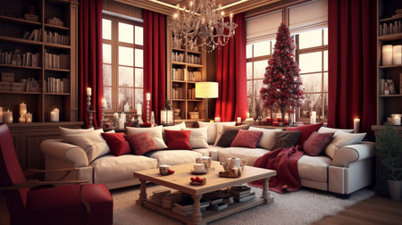 Generative ai. Christmas interior design decoration, living room. High quality illustrationの素材