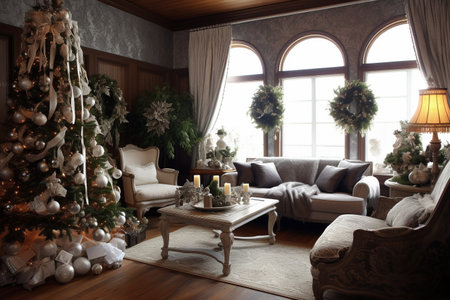 Generative ai. Christmas interior design decoration, living room. High quality illustrationの素材