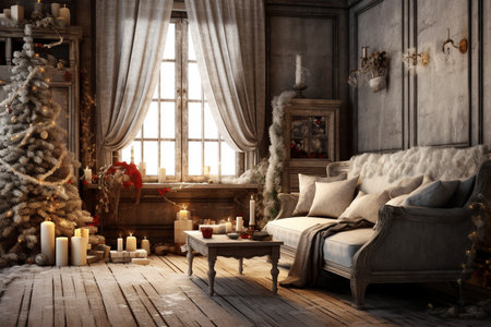 Generative ai. Christmas interior design decoration, living room. High quality illustrationの素材