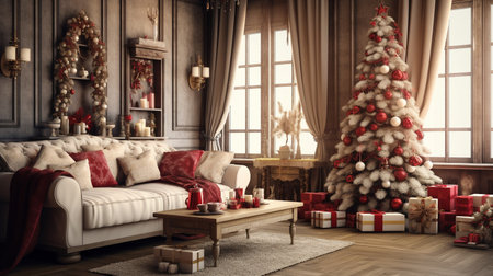 Generative ai. Christmas interior design decoration, living room. High quality illustrationの素材