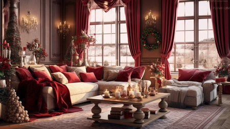 Generative ai. Christmas interior design decoration, living room. High quality illustrationの素材