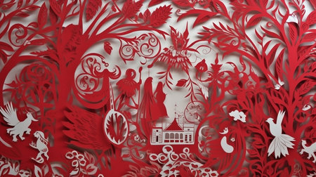 Christmas paper cut art red color. Generative ai. High quality illustrationの素材