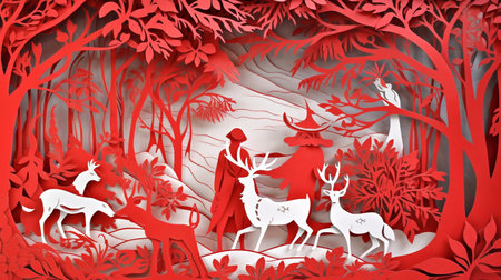 Christmas paper cut art red color. Generative ai. High quality illustrationの素材
