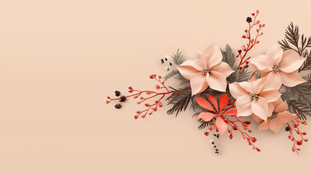 Fir tree twigs and poinsettia flowers edges on simple background with copy space. Generative ai. High quality illustrationの素材