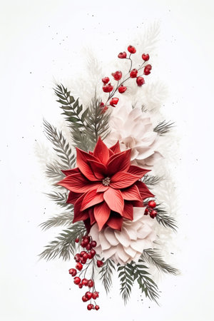 Fir tree twigs and poinsettia flowers edges on simple background with copy space. Generative ai. High quality illustrationの素材