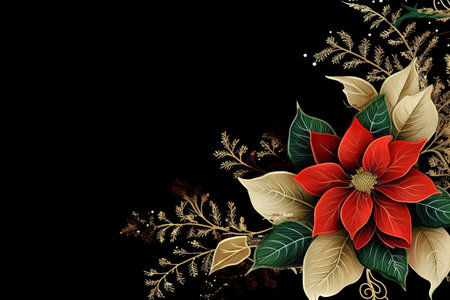 Fir tree twigs and poinsettia flowers edges on simple background with copy space. Generative ai. High quality illustrationの素材