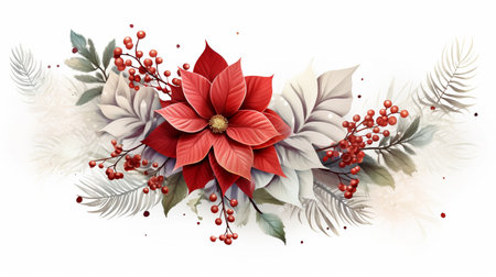 Fir tree twigs and poinsettia flowers edges on simple background with copy space. Generative ai. High quality illustrationの素材