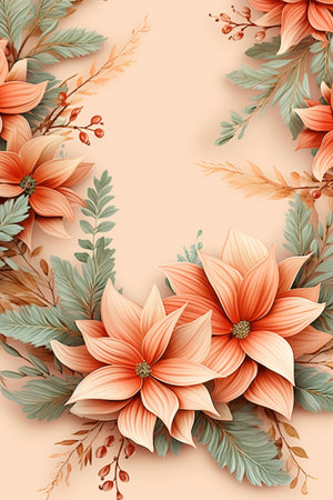 Fir tree twigs and poinsettia flowers edges on simple background with copy space. Generative ai. High quality illustrationの素材