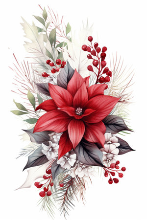 Fir tree twigs and poinsettia flowers edges on simple background with copy space. Generative ai. High quality illustrationの素材