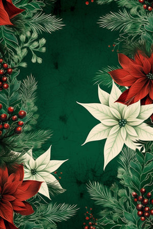 Fir tree twigs and poinsettia flowers edges on simple background with copy space. Generative ai. High quality illustrationの素材