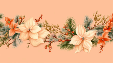Fir tree twigs and poinsettia flowers edges on simple background with copy space. Generative ai. High quality illustrationの素材