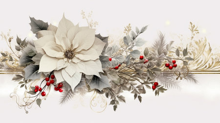 Fir tree twigs and poinsettia flowers edges on simple background with copy space. Generative ai. High quality illustrationの素材