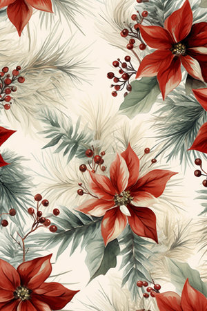 Fir tree twigs and poinsettia flowers edges on simple background with copy space. Generative ai. High quality illustrationの素材