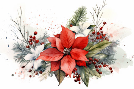 Fir tree twigs and poinsettia flowers edges on simple background with copy space. Generative ai. High quality illustrationの素材