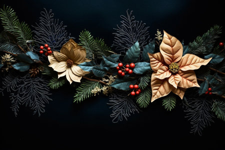 Fir tree twigs and poinsettia flowers edges on simple background with copy space. Generative ai. High quality illustrationの素材