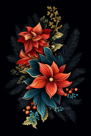 Fir tree twigs and poinsettia flowers edges on simple background with copy space. Generative ai. High quality illustrationの素材