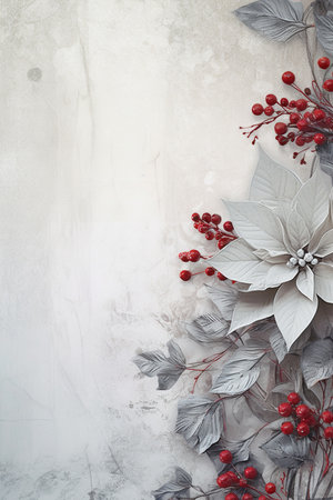 Fir tree twigs and poinsettia flowers edges on simple background with copy space. Generative ai. High quality illustrationの素材