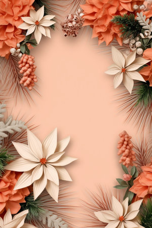 Fir tree twigs and poinsettia flowers edges on simple background with copy space. Generative ai. High quality illustrationの素材