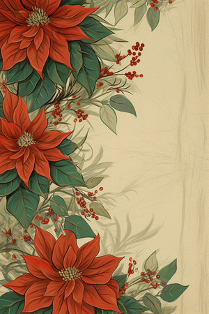 Fir tree twigs and poinsettia flowers edges on simple background with copy space. Generative ai. High quality illustrationの素材