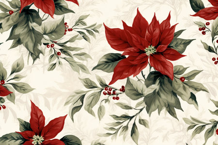 Fir tree twigs and poinsettia flowers edges on simple background with copy space. Generative ai. High quality illustrationの素材