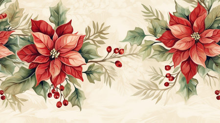 Fir tree twigs and poinsettia flowers edges on simple background with copy space. Generative ai. High quality illustrationの素材