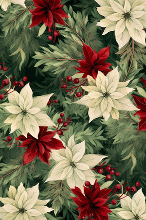 Fir tree twigs and poinsettia flowers edges on simple background with copy space. Generative ai. High quality illustrationの素材