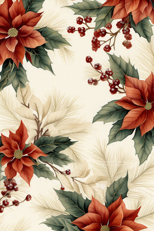 Fir tree twigs and poinsettia flowers edges on simple background with copy space. Generative ai. High quality illustrationの素材