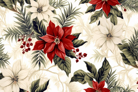 Fir tree twigs and poinsettia flowers edges on simple background with copy space. Generative ai. High quality illustrationの素材