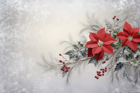 Fir tree twigs and poinsettia flowers edges on simple background with copy space. Generative ai. High quality illustrationの素材