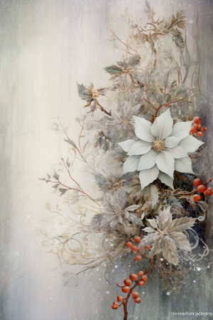 Fir tree twigs and poinsettia flowers edges on simple background with copy space. Generative ai. High quality illustrationの素材