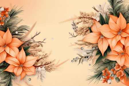 Fir tree twigs and poinsettia flowers edges on simple background with copy space. Generative ai. High quality illustrationの素材