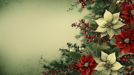 Fir tree twigs and poinsettia flowers edges on simple background with copy space. Generative ai. High quality illustrationの素材