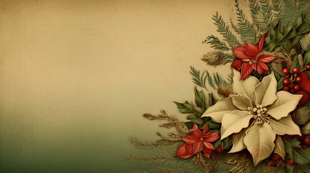 Fir tree twigs and poinsettia flowers edges on simple background with copy space. Generative ai. High quality illustrationの素材