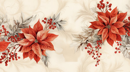 Fir tree twigs and poinsettia flowers edges on simple background with copy space. Generative ai. High quality illustrationの素材