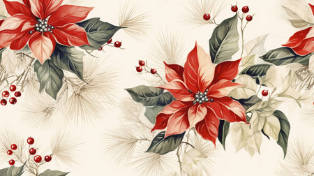 Fir tree twigs and poinsettia flowers edges on simple background with copy space. Generative ai. High quality illustrationの素材