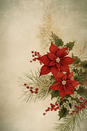Fir tree twigs and poinsettia flowers edges on simple background with copy space. Generative ai. High quality illustrationの素材